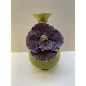Anthropologie Rose of Sharon Bloom Chartreuse Green Vase Applied Purple Flower